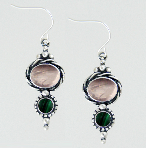 Sterling Silver Drop Dangle Earrings With Rose Quartz And Malachite